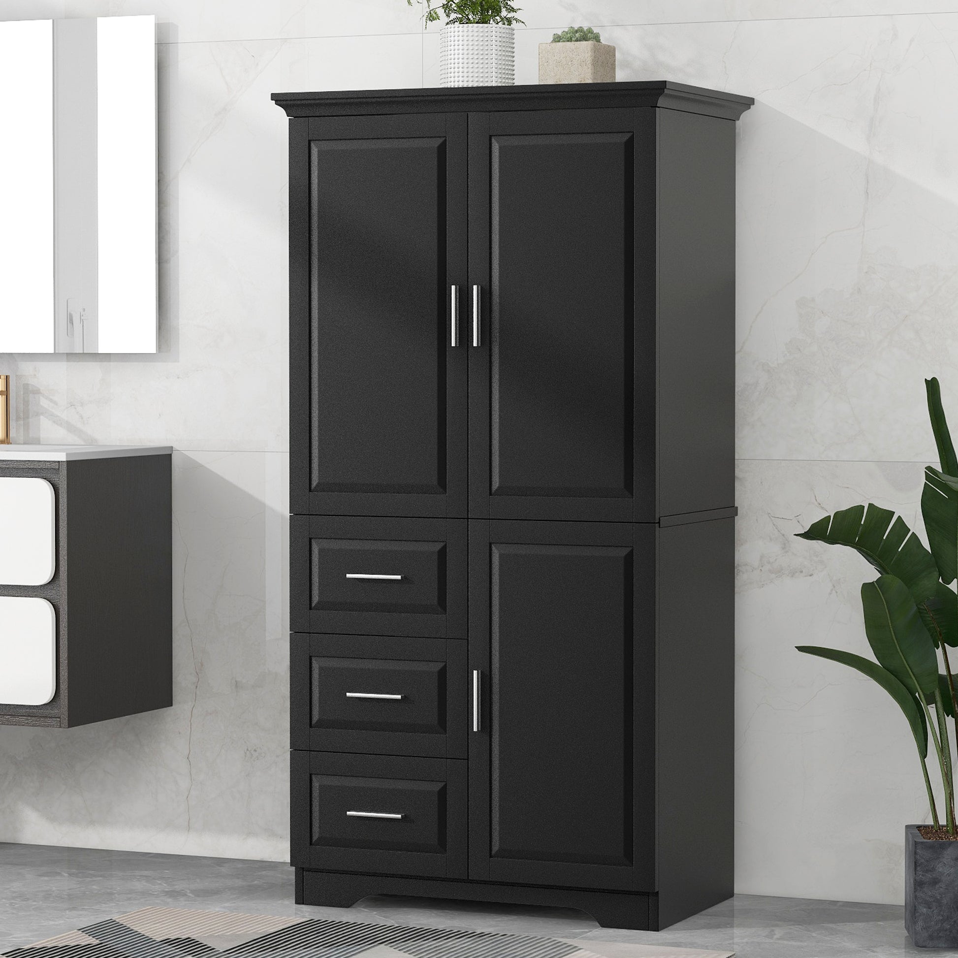 Tall and Wide Storage Cabinet with Doors for Bathroom/Office, Three Drawers, Black(Old SKU:WF299285AAB) image 1