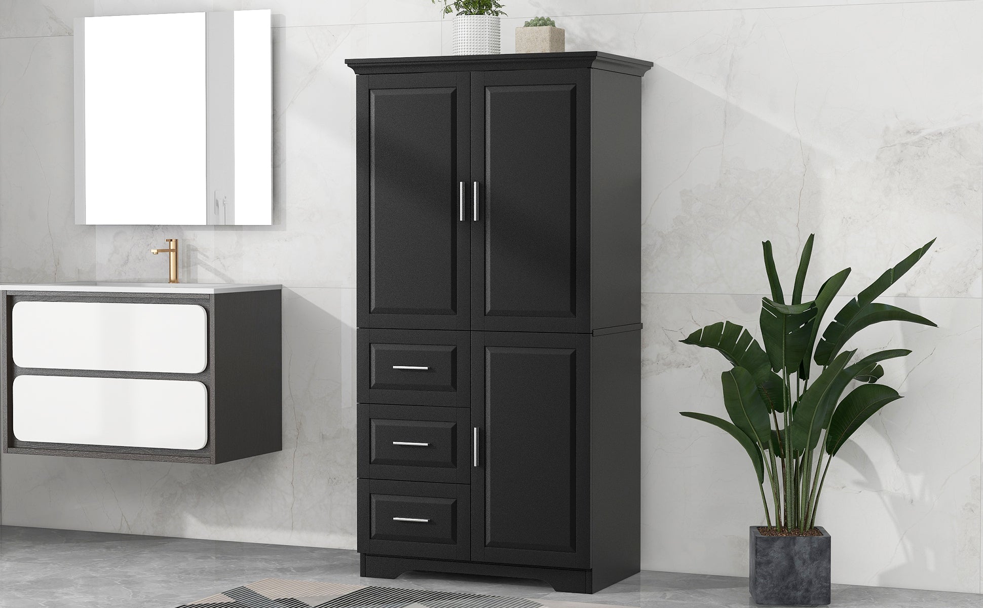 Tall and Wide Storage Cabinet with Doors for Bathroom/Office, Three Drawers, Black(Old SKU:WF299285AAB) image 4