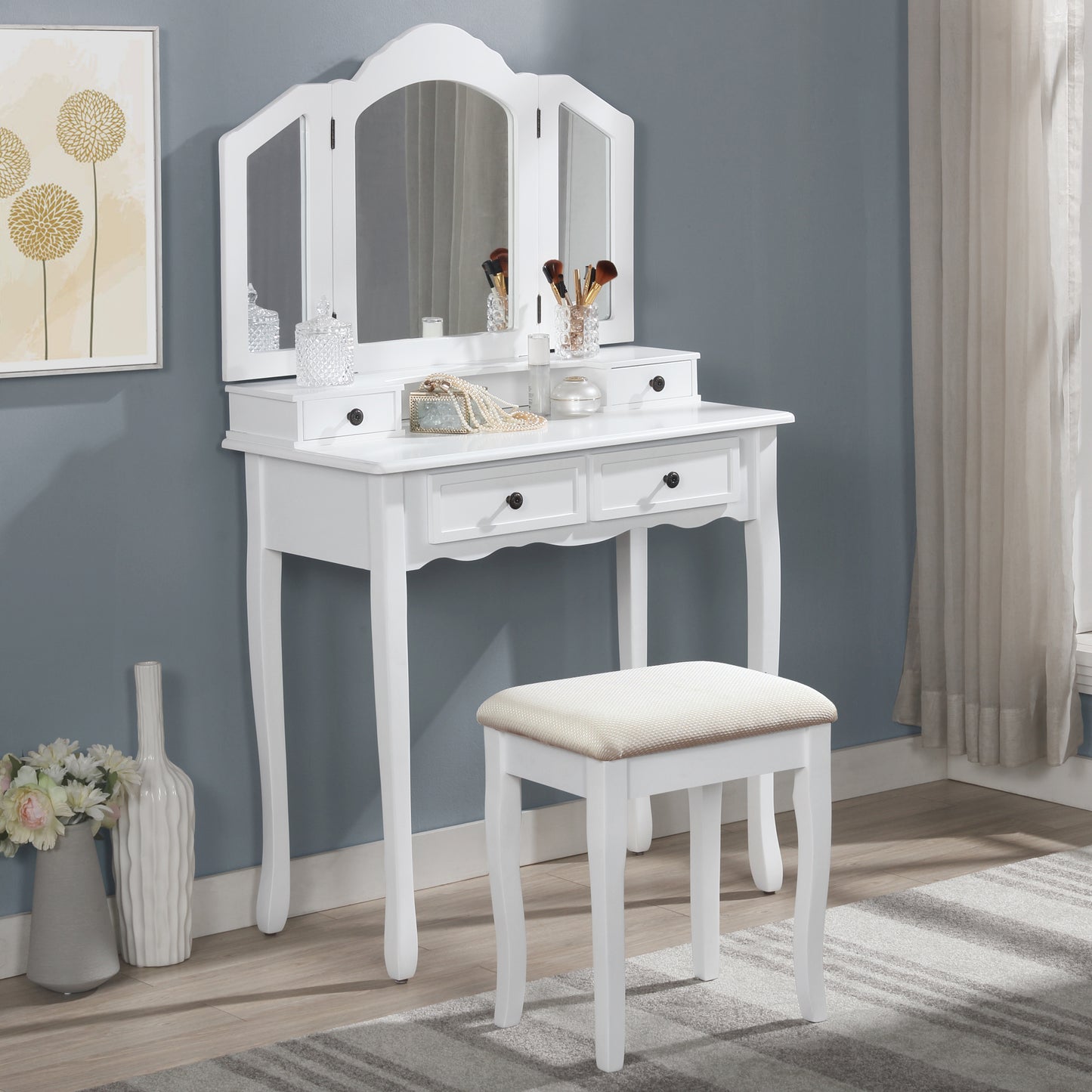 Sanlo Wooden Vanity Make Up Table and Stool Set, White image 2