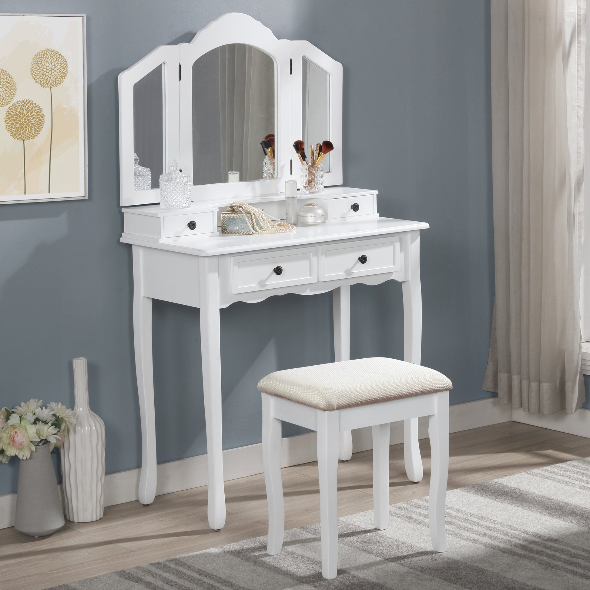Sanlo Wooden Vanity Make Up Table and Stool Set, White image 2