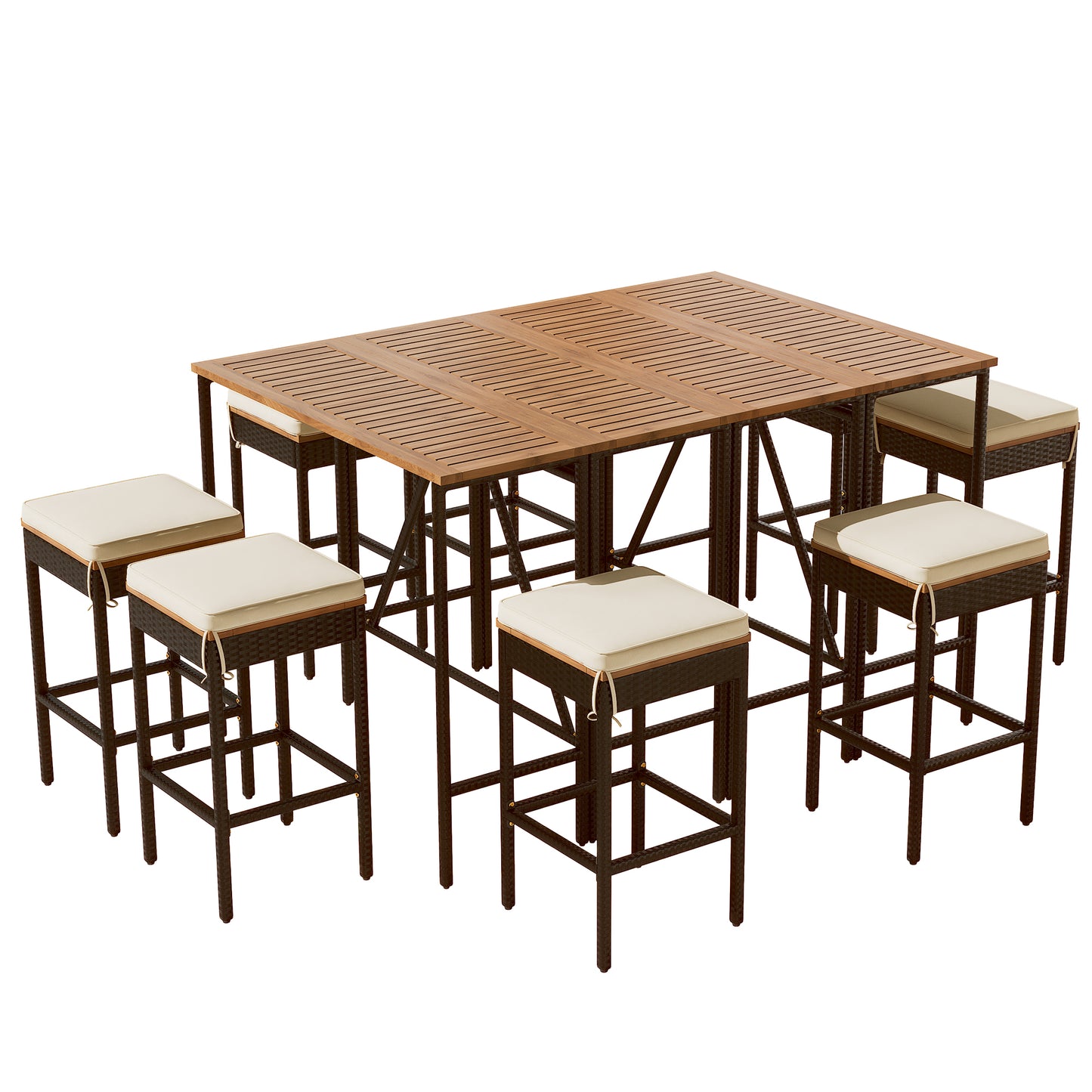 GO 10-Piece Outdoor Acacia Wood Bar Height Table And Eight Stools With Cushions, Garden PE Rattan Wicker Dining Table, Foldable Tabletop, High-Dining Bistro Set, All-Weather Patio Furniture, Brown image 9