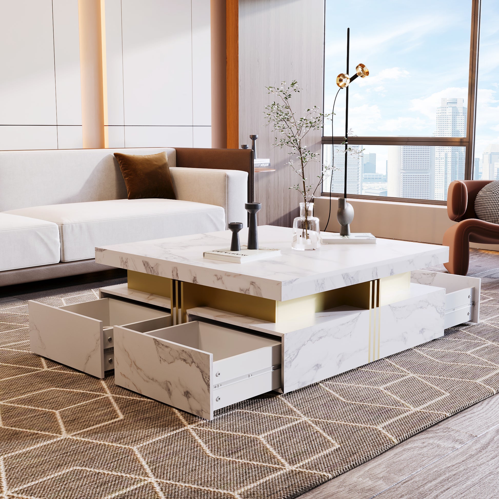 Modern White Square Storage Coffee Table with 4 Drawers image 8