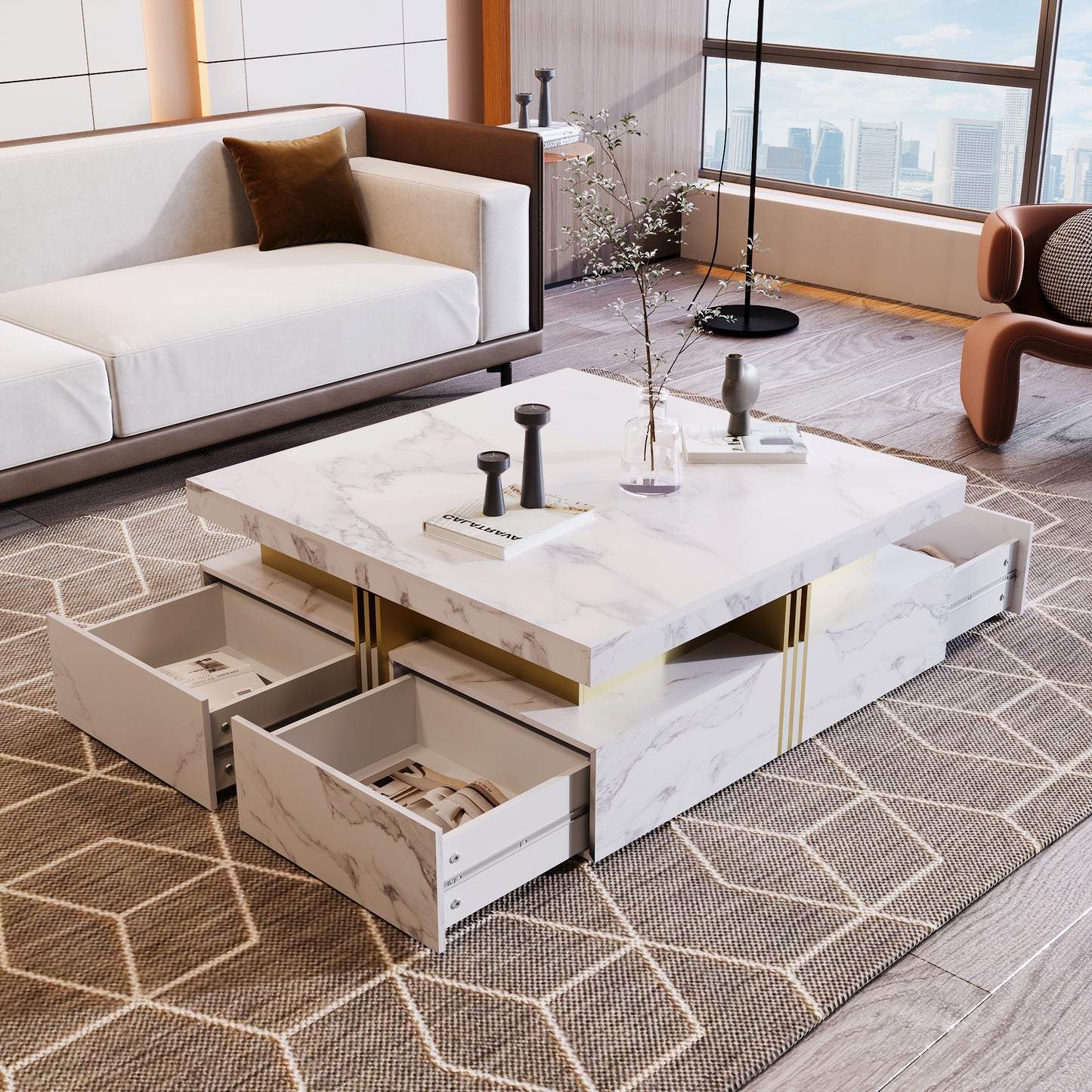 Modern White Square Storage Coffee Table with 4 Drawers image 7