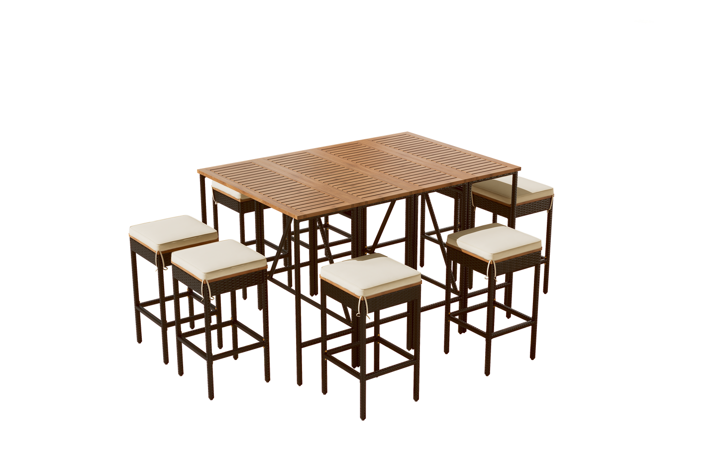 GO 10-Piece Outdoor Acacia Wood Bar Height Table And Eight Stools With Cushions, Garden PE Rattan Wicker Dining Table, Foldable Tabletop, High-Dining Bistro Set, All-Weather Patio Furniture, Brown image 11