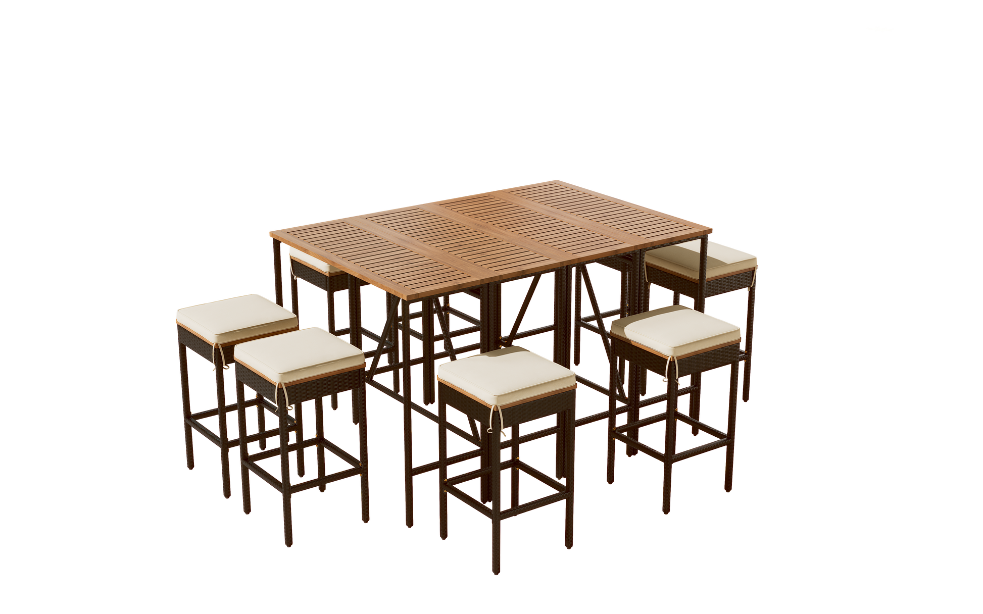 GO 10-Piece Outdoor Acacia Wood Bar Height Table And Eight Stools With Cushions, Garden PE Rattan Wicker Dining Table, Foldable Tabletop, High-Dining Bistro Set, All-Weather Patio Furniture, Brown image 11