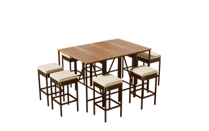GO 10-Piece Outdoor Acacia Wood Bar Height Table And Eight Stools With Cushions, Garden PE Rattan Wicker Dining Table, Foldable Tabletop, High-Dining Bistro Set, All-Weather Patio Furniture, Brown image 11