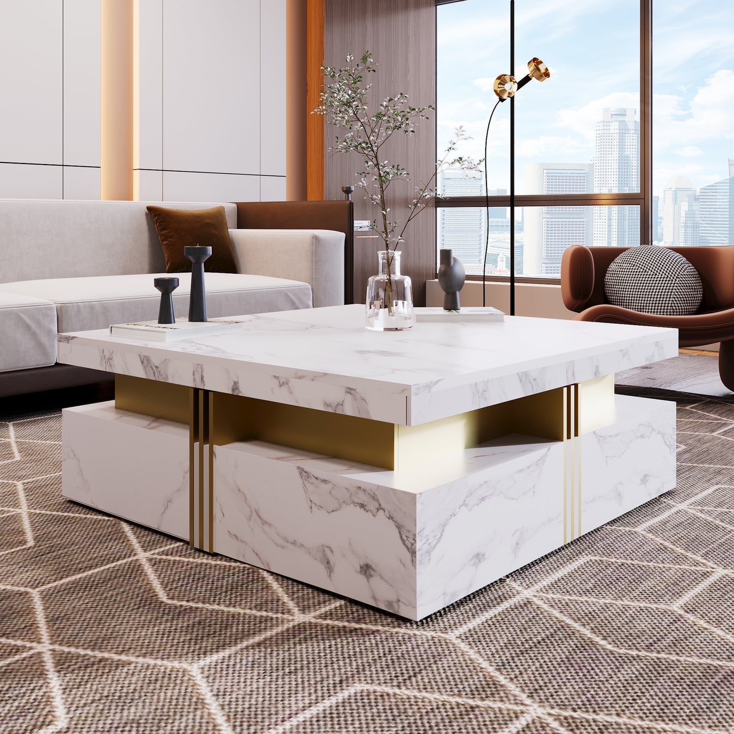 Modern White Square Storage Coffee Table with 4 Drawers image 6