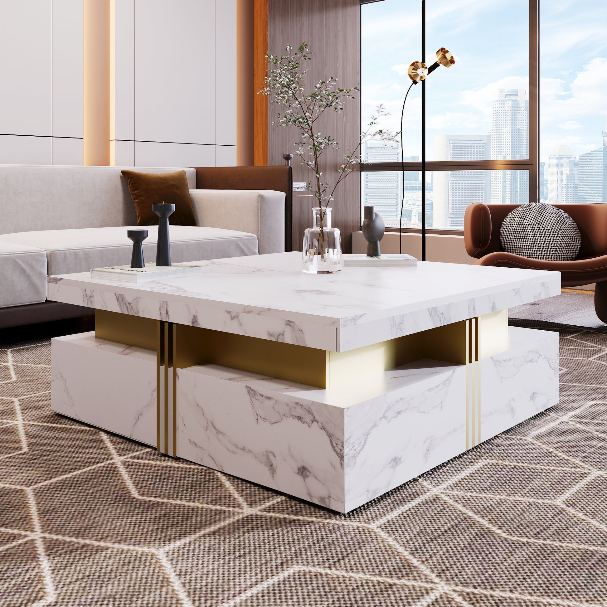 Modern White Square Storage Coffee Table with 4 Drawers image 6