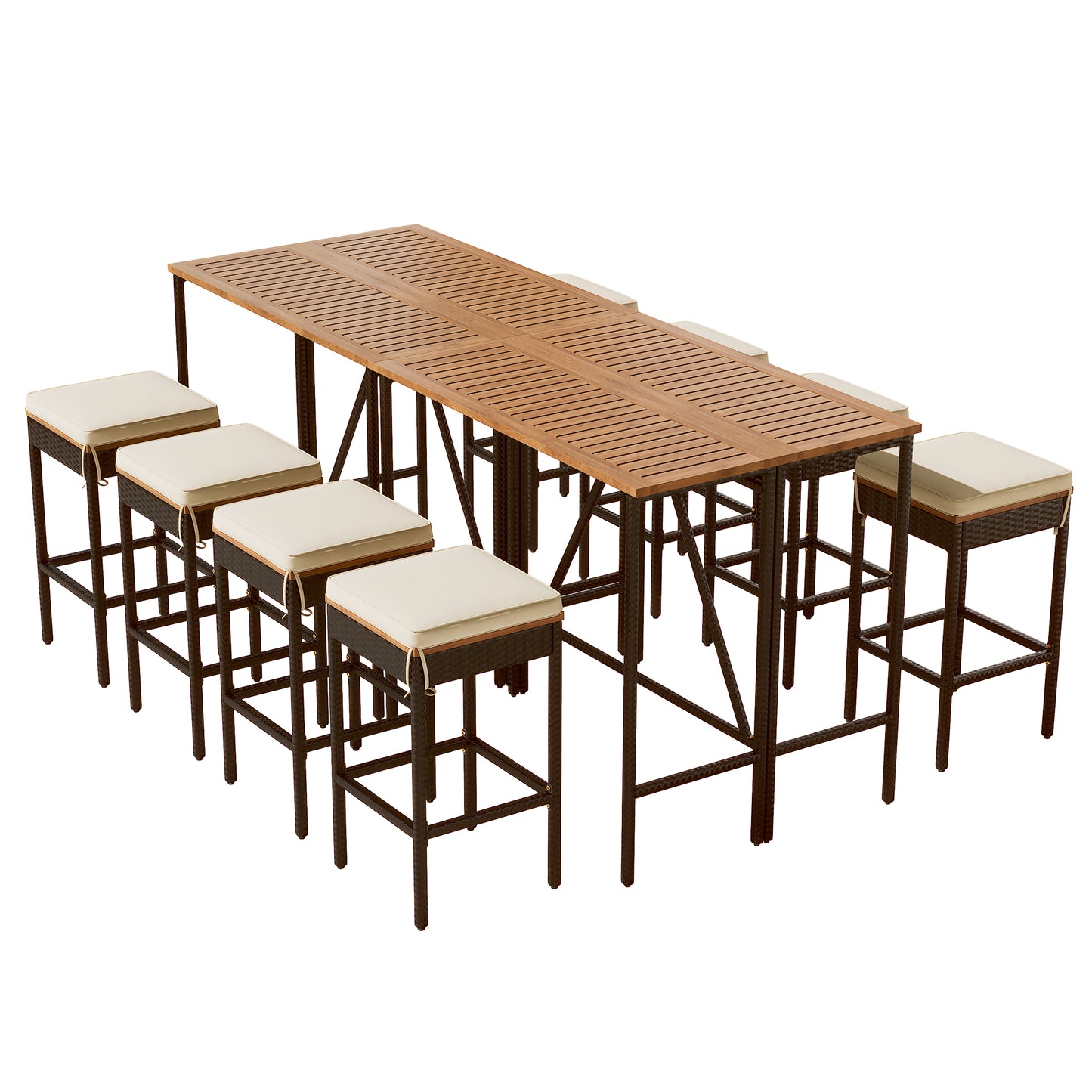GO 10-Piece Outdoor Acacia Wood Bar Height Table And Eight Stools With Cushions, Garden PE Rattan Wicker Dining Table, Foldable Tabletop, High-Dining Bistro Set, All-Weather Patio Furniture, Brown image 8