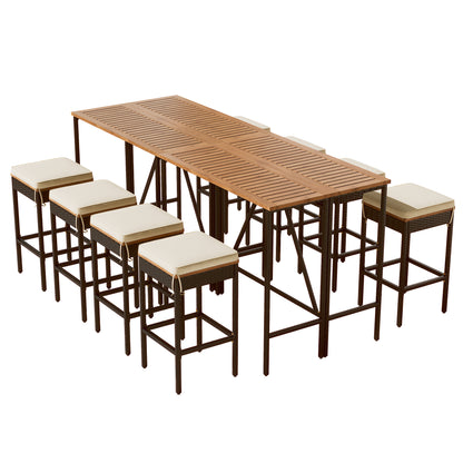 GO 10-Piece Outdoor Acacia Wood Bar Height Table And Eight Stools With Cushions, Garden PE Rattan Wicker Dining Table, Foldable Tabletop, High-Dining Bistro Set, All-Weather Patio Furniture, Brown image 8