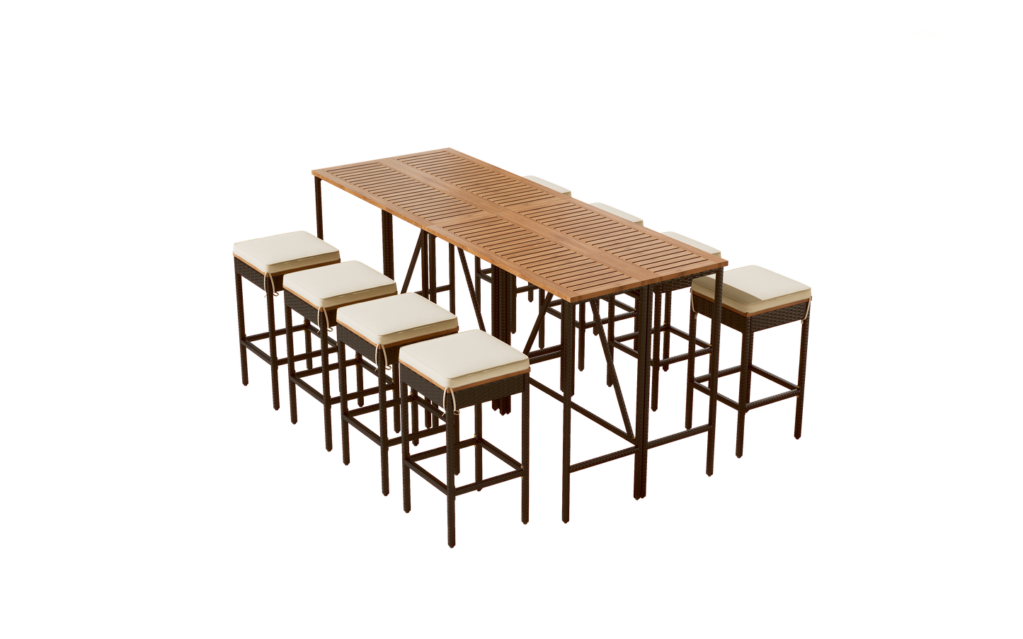 GO 10-Piece Outdoor Acacia Wood Bar Height Table And Eight Stools With Cushions, Garden PE Rattan Wicker Dining Table, Foldable Tabletop, High-Dining Bistro Set, All-Weather Patio Furniture, Brown image 10