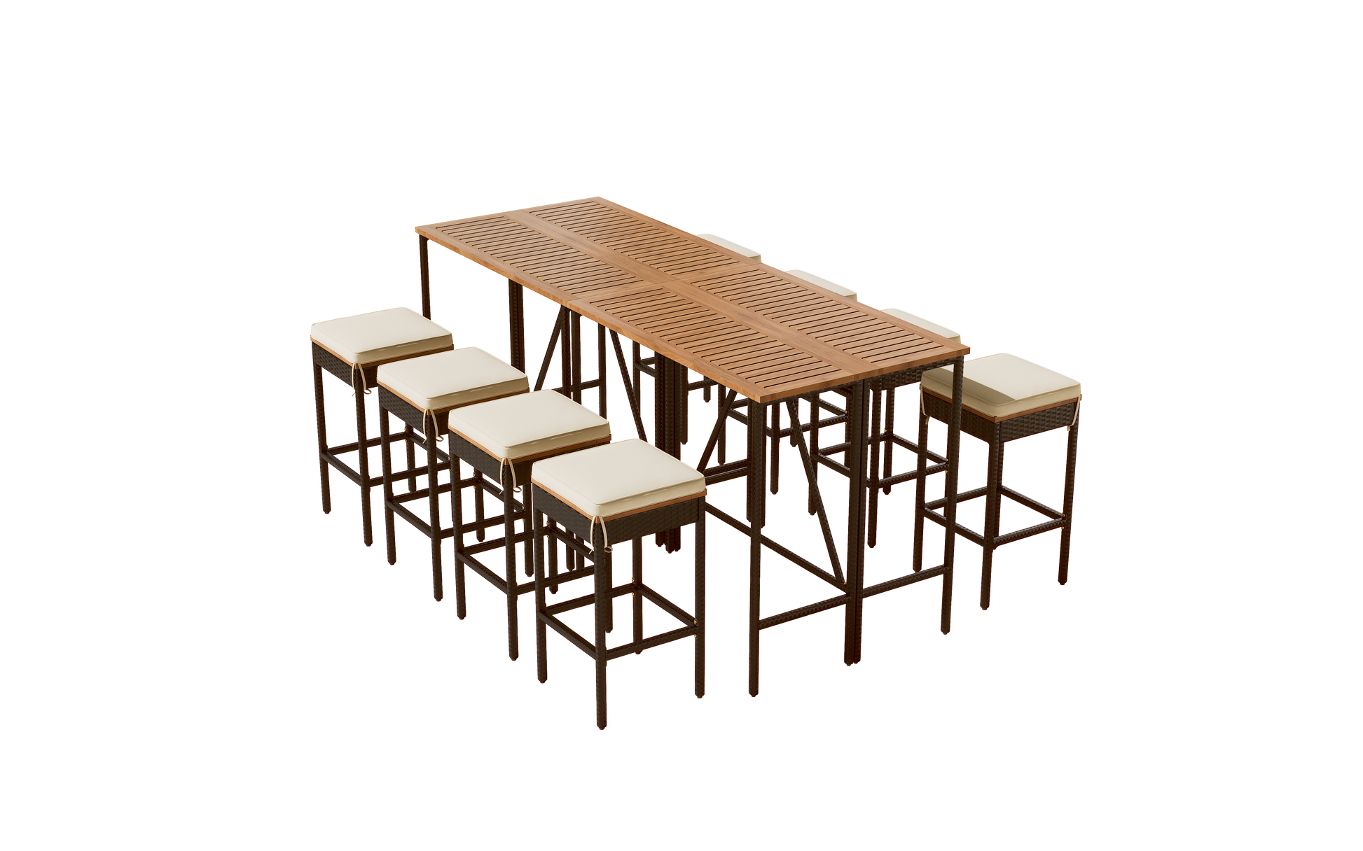 GO 10-Piece Outdoor Acacia Wood Bar Height Table And Eight Stools With Cushions, Garden PE Rattan Wicker Dining Table, Foldable Tabletop, High-Dining Bistro Set, All-Weather Patio Furniture, Brown image 10