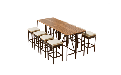 GO 10-Piece Outdoor Acacia Wood Bar Height Table And Eight Stools With Cushions, Garden PE Rattan Wicker Dining Table, Foldable Tabletop, High-Dining Bistro Set, All-Weather Patio Furniture, Brown image 10