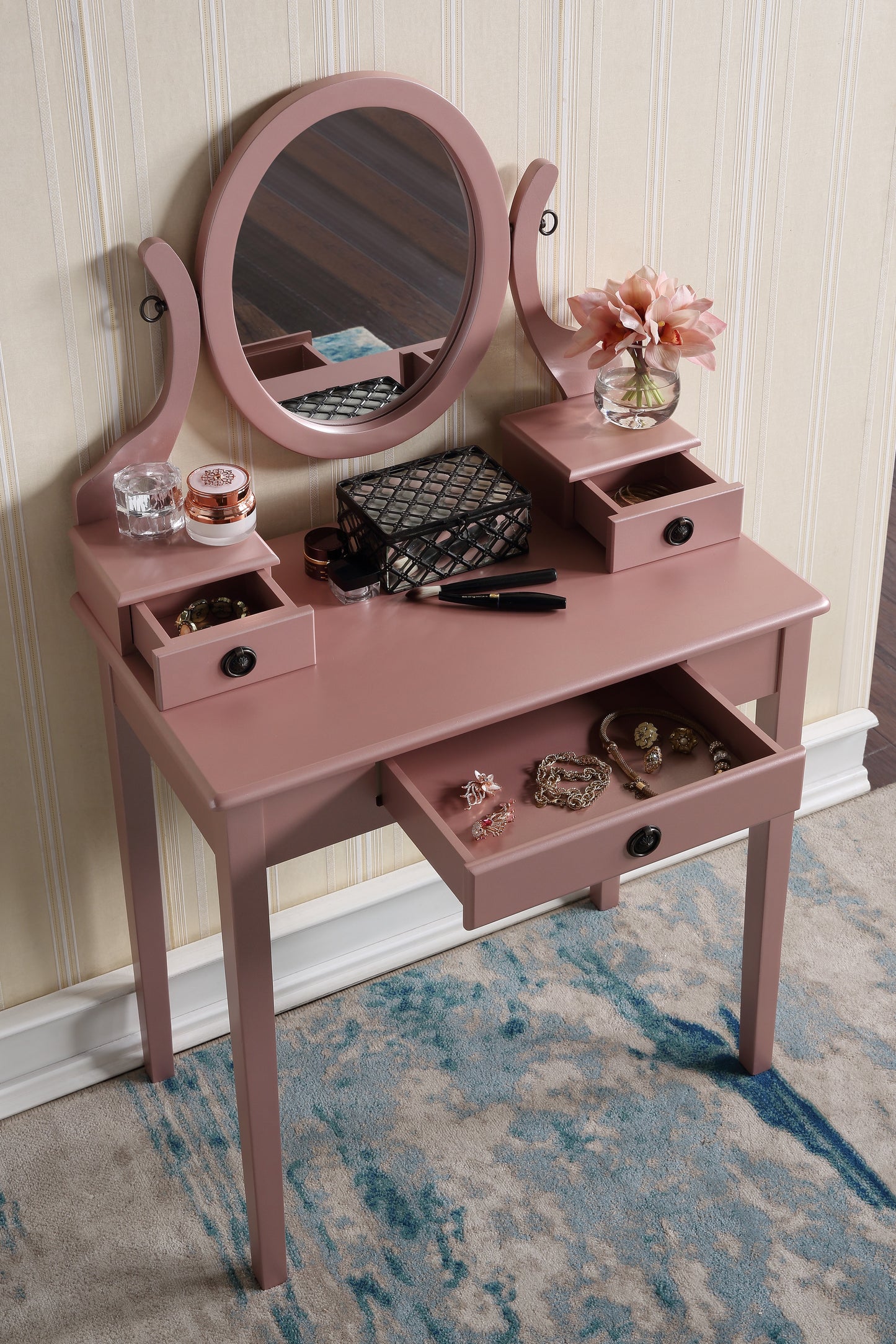 Moniys Wood Moniya Makeup Vanity Table and Stool Set, Rose Gold image 3