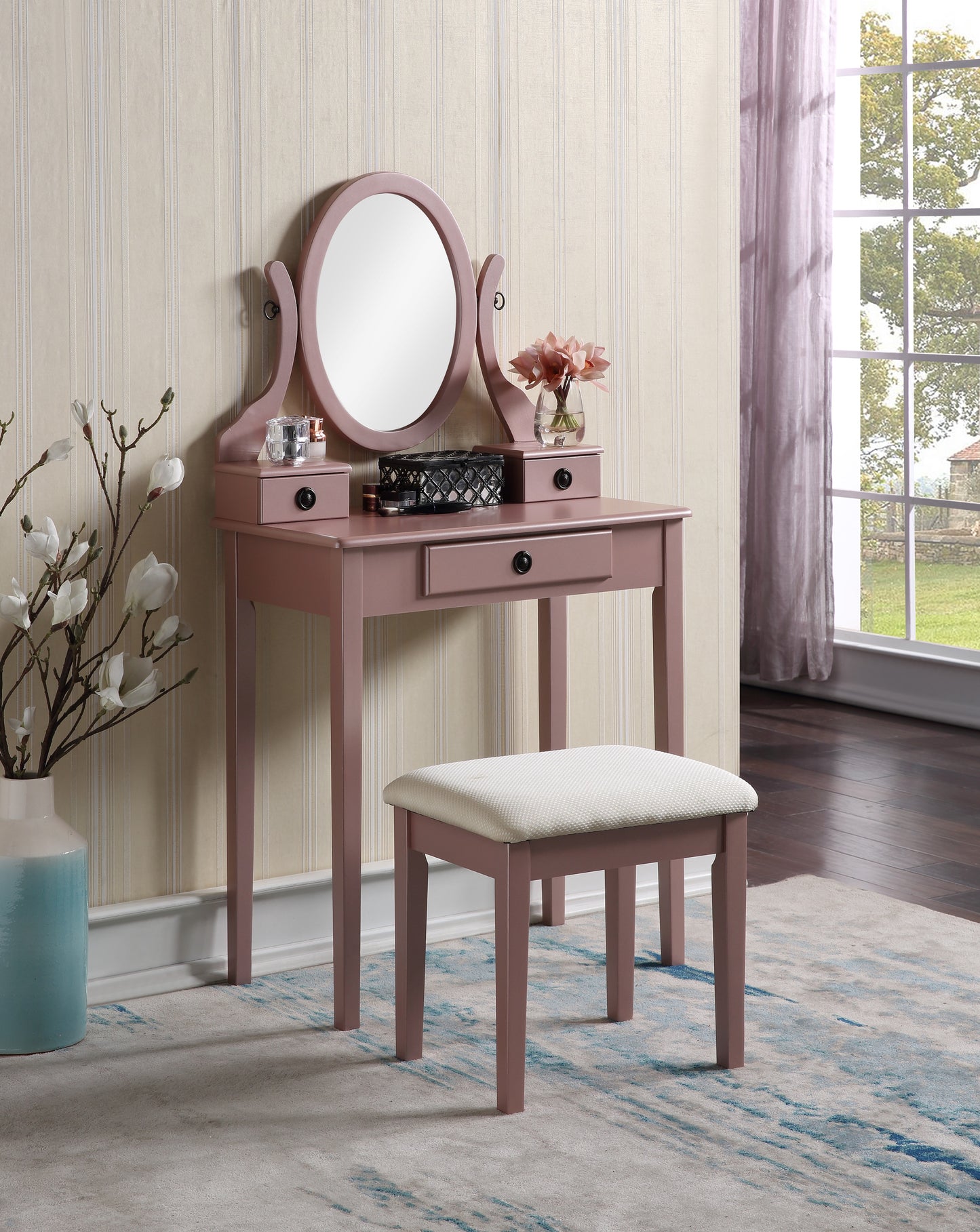 Moniys Wood Moniya Makeup Vanity Table and Stool Set, Rose Gold image 1