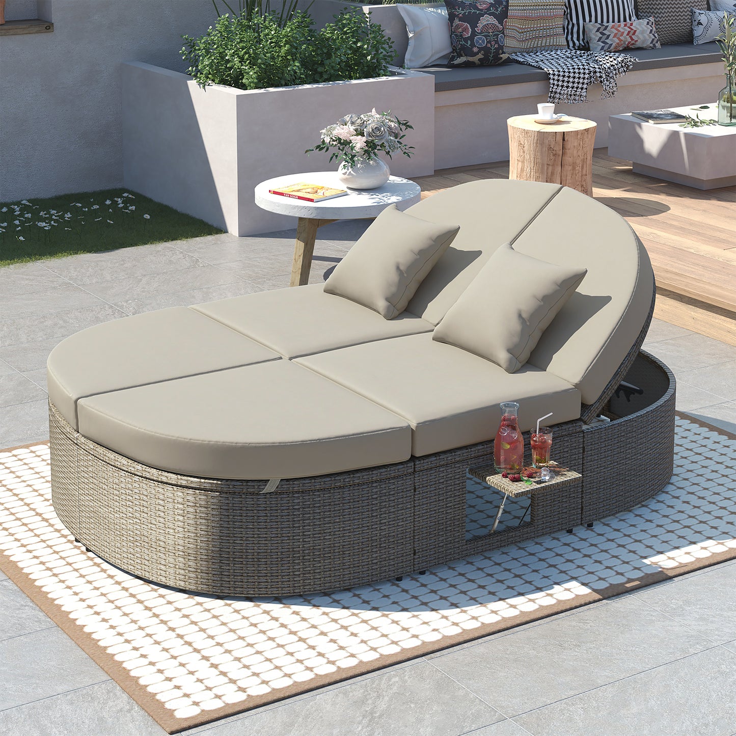 TOPMAX Outdoor Sun Bed Patio 2-Person Daybed with Cushions and Pillows, Rattan Garden Reclining Chaise Lounge with Adjustable Backrests and Foldable Cup Trays for Lawn,Poolside, Gray image 1