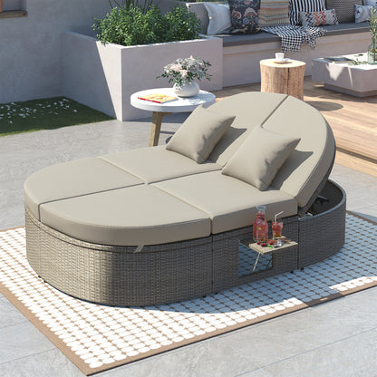 TOPMAX Outdoor Sun Bed Patio 2-Person Daybed with Cushions and Pillows, Rattan Garden Reclining Chaise Lounge with Adjustable Backrests and Foldable Cup Trays for Lawn,Poolside, Gray image 1