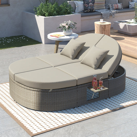 TOPMAX Outdoor Sun Bed Patio 2-Person Daybed with Cushions and Pillows, Rattan Garden Reclining Chaise Lounge with Adjustable Backrests and Foldable Cup Trays for Lawn,Poolside, Gray image 1