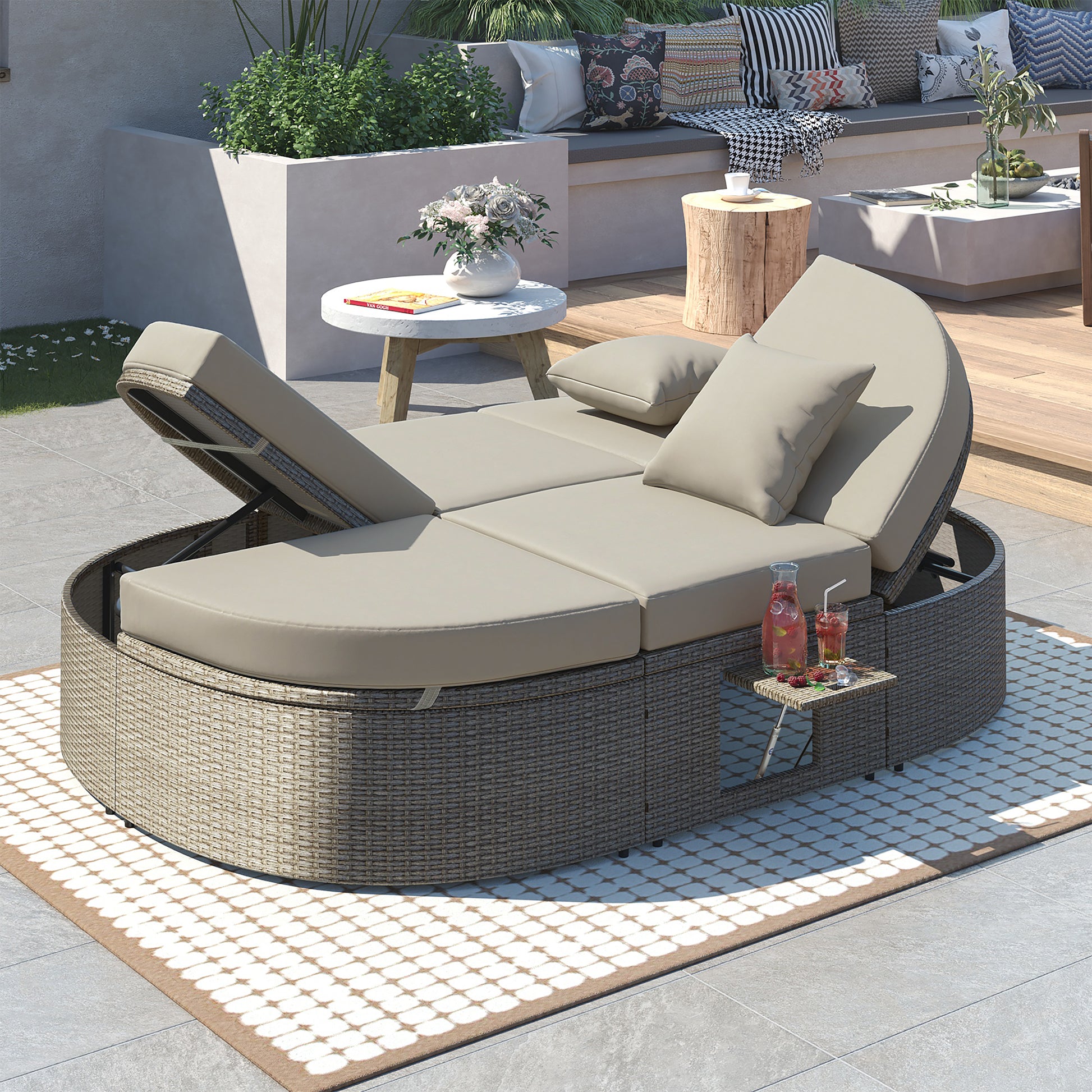 TOPMAX Outdoor Sun Bed Patio 2-Person Daybed with Cushions and Pillows, Rattan Garden Reclining Chaise Lounge with Adjustable Backrests and Foldable Cup Trays for Lawn,Poolside, Gray image 7