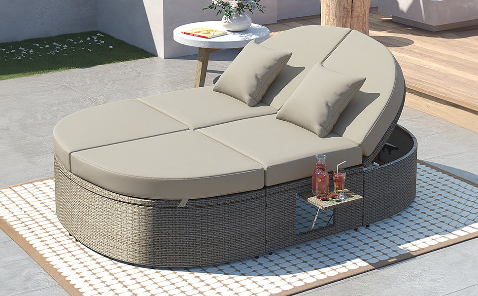 TOPMAX Outdoor Sun Bed Patio 2-Person Daybed with Cushions and Pillows, Rattan Garden Reclining Chaise Lounge with Adjustable Backrests and Foldable Cup Trays for Lawn,Poolside, Gray image 5