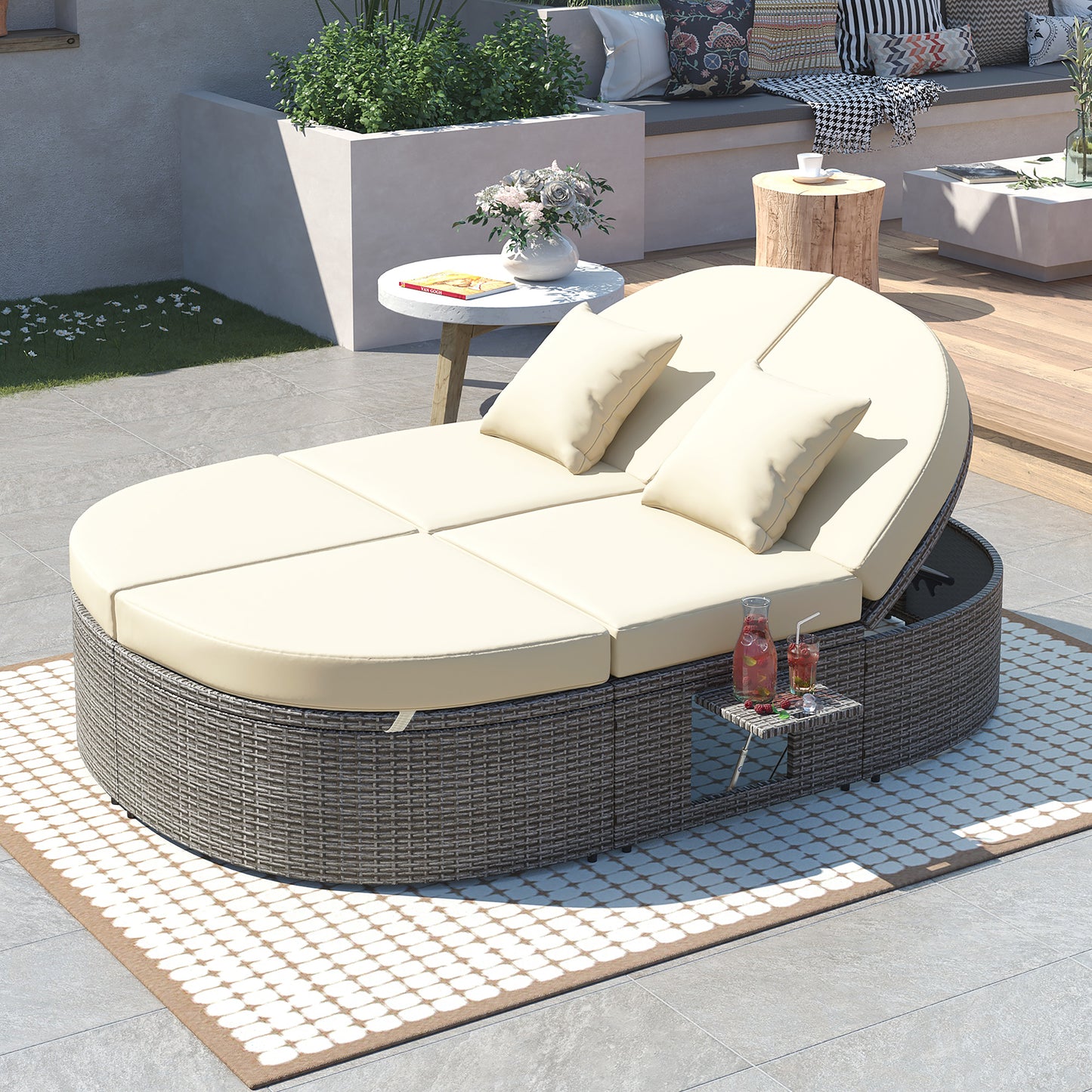 TOPMAX Outdoor Sun Bed Patio 2-Person Daybed with Cushions and Pillows - Beige Rattan Chaise Lounge