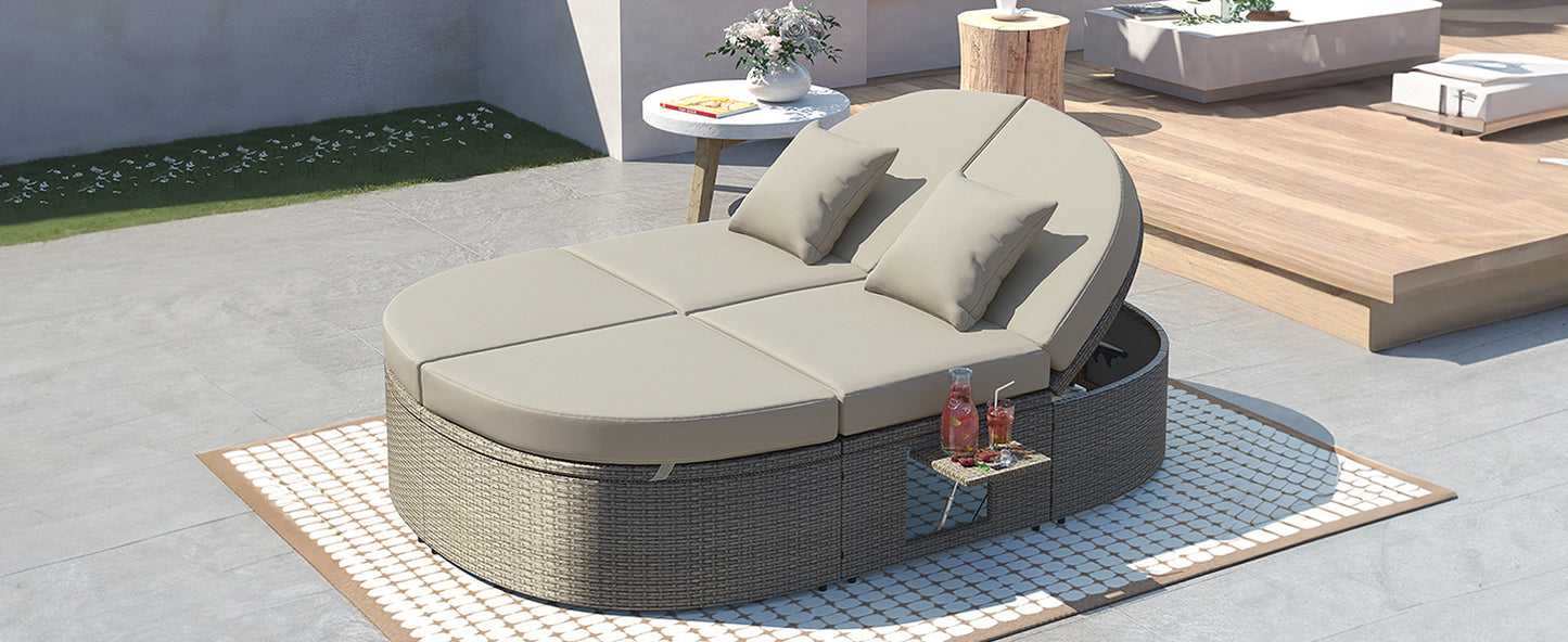 TOPMAX Outdoor Sun Bed Patio 2-Person Daybed with Cushions and Pillows, Rattan Garden Reclining Chaise Lounge with Adjustable Backrests and Foldable Cup Trays for Lawn,Poolside, Gray image 6