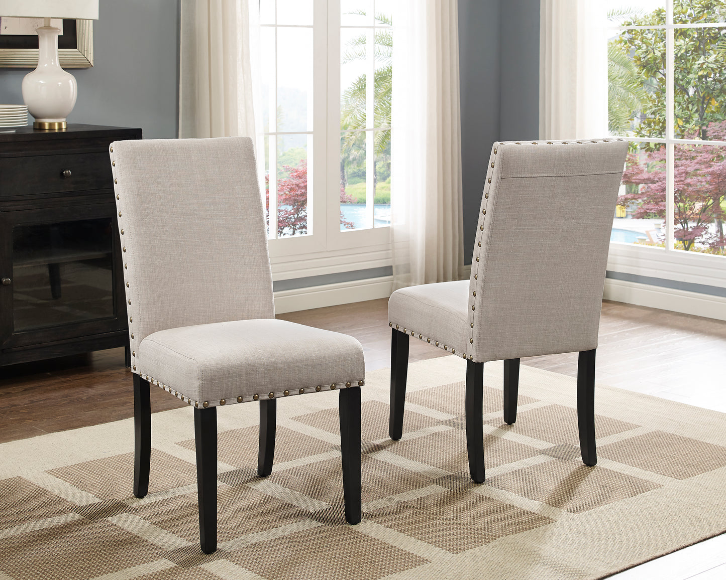 Biony Fabric Dining Chairs with Nailhead Trim, Set of 2, Tan image 2