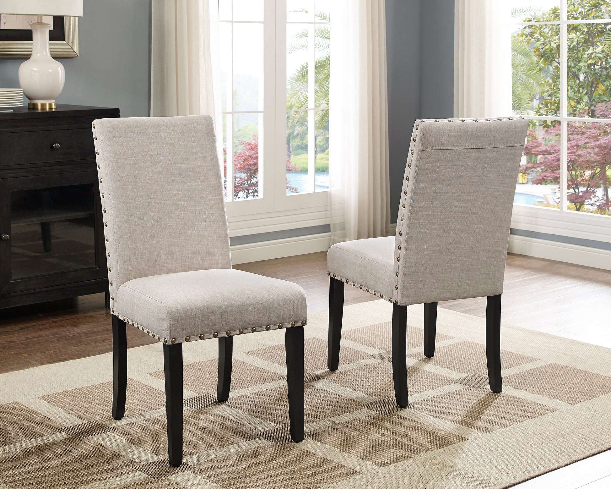 Biony Fabric Dining Chairs with Nailhead Trim, Set of 2, Tan image 2