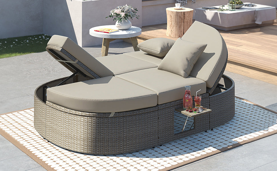 TOPMAX Outdoor Sun Bed Patio 2-Person Daybed with Cushions and Pillows, Rattan Garden Reclining Chaise Lounge with Adjustable Backrests and Foldable Cup Trays for Lawn,Poolside, Gray image 3
