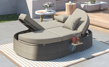 TOPMAX Outdoor Sun Bed Patio 2-Person Daybed with Cushions and Pillows, Rattan Garden Reclining Chaise Lounge with Adjustable Backrests and Foldable Cup Trays for Lawn,Poolside, Gray image 3