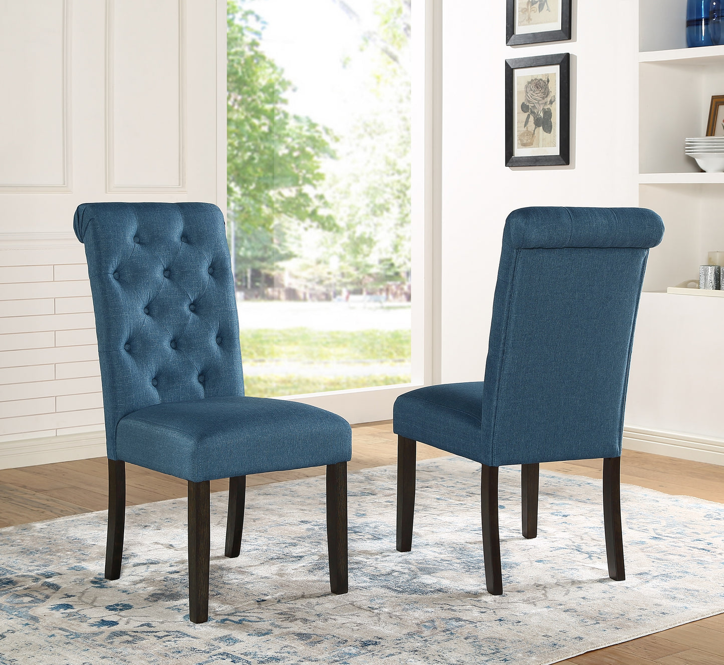 Leviton Solid Wood Tufted Asons Dining Chair, Set of 2, Blue image 1