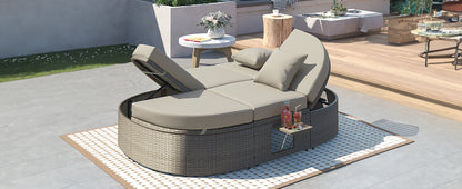 TOPMAX Outdoor Sun Bed Patio 2-Person Daybed with Cushions and Pillows, Rattan Garden Reclining Chaise Lounge with Adjustable Backrests and Foldable Cup Trays for Lawn,Poolside, Gray image 4