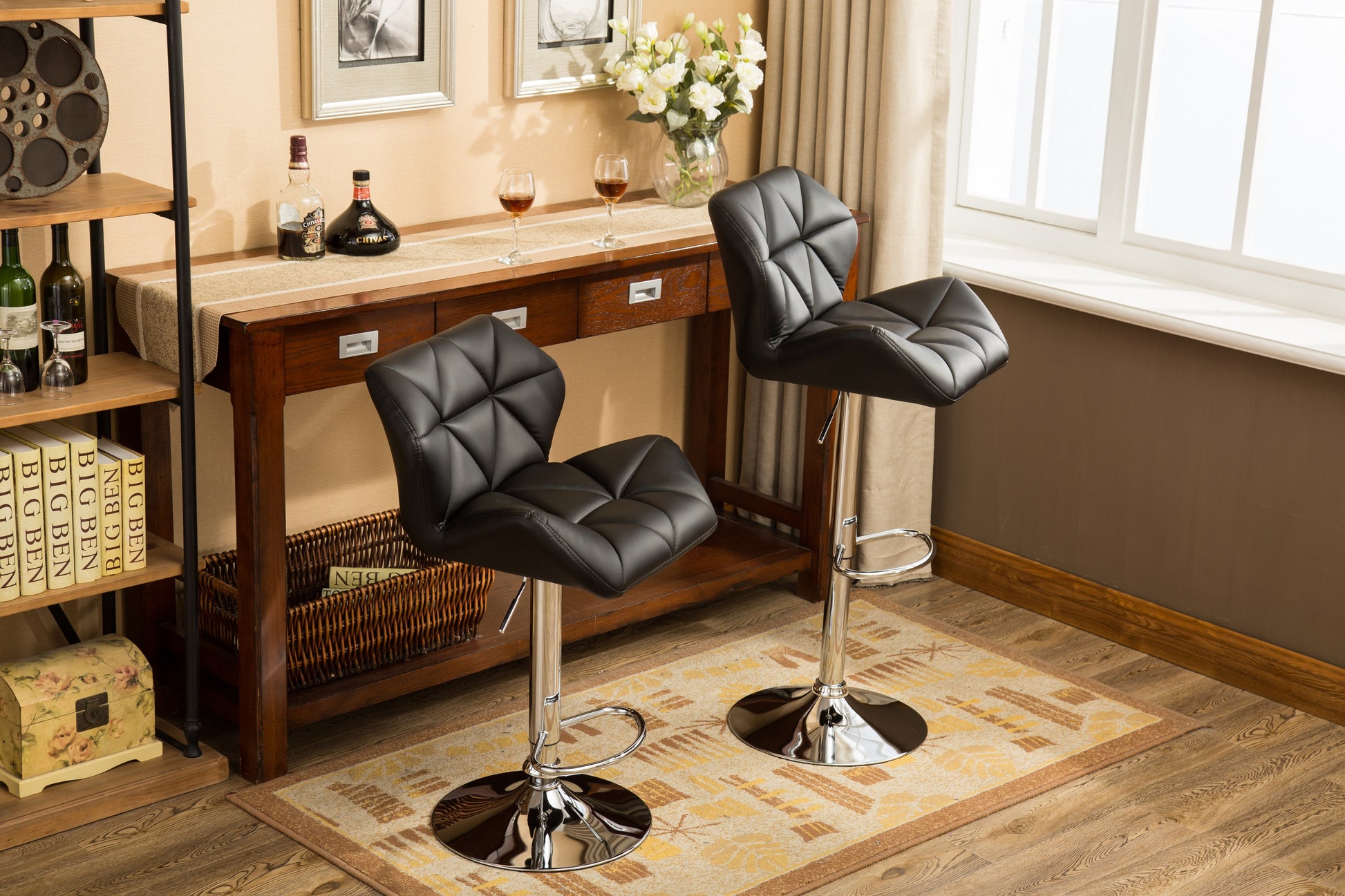 Glasgow Contemporary Tufted Adjustable Height Hidraulic Bar Stools, Set of 2, Black image 3