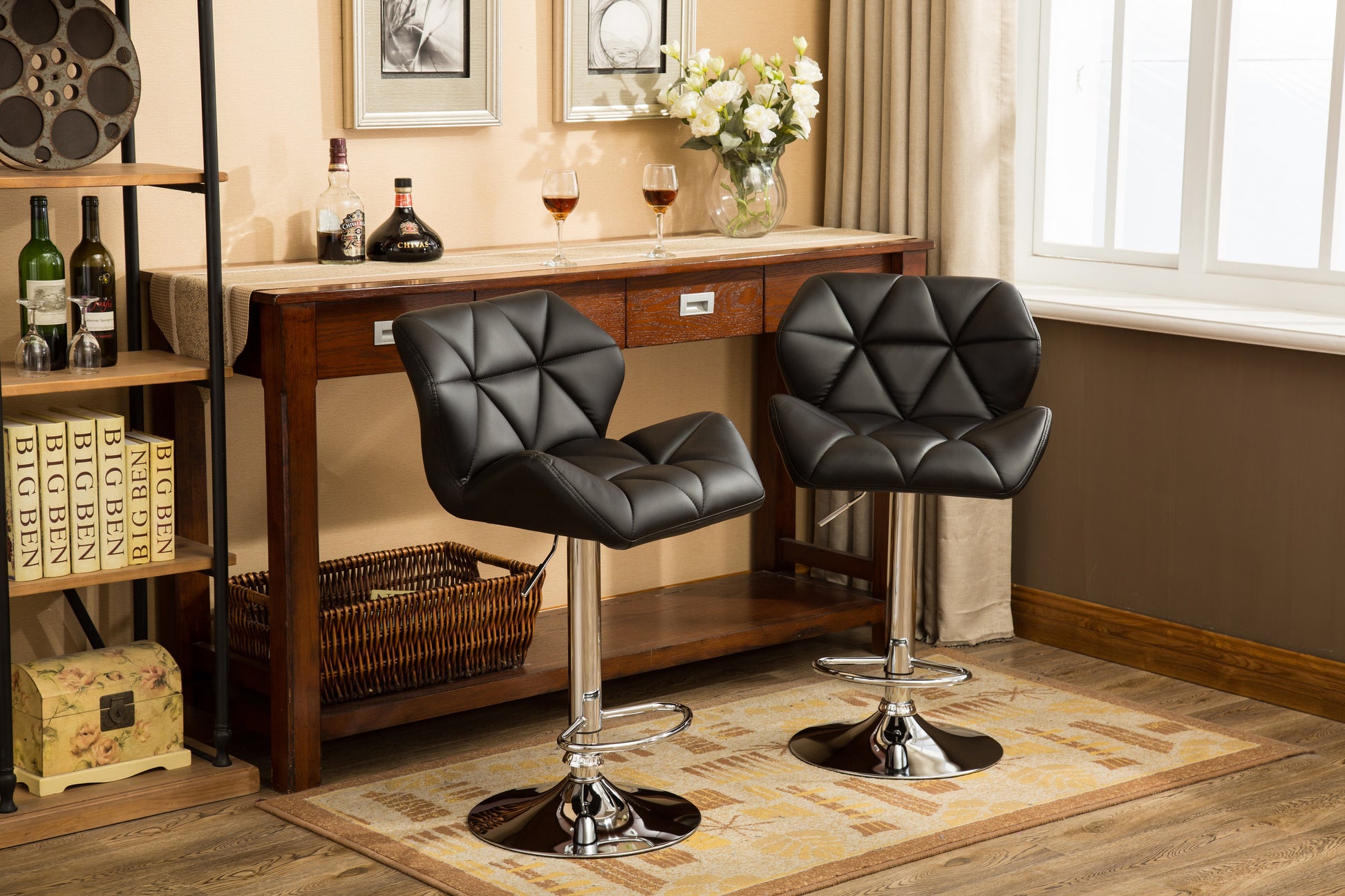 Glasgow Contemporary Tufted Adjustable Height Hidraulic Bar Stools, Set of 2, Black image 2