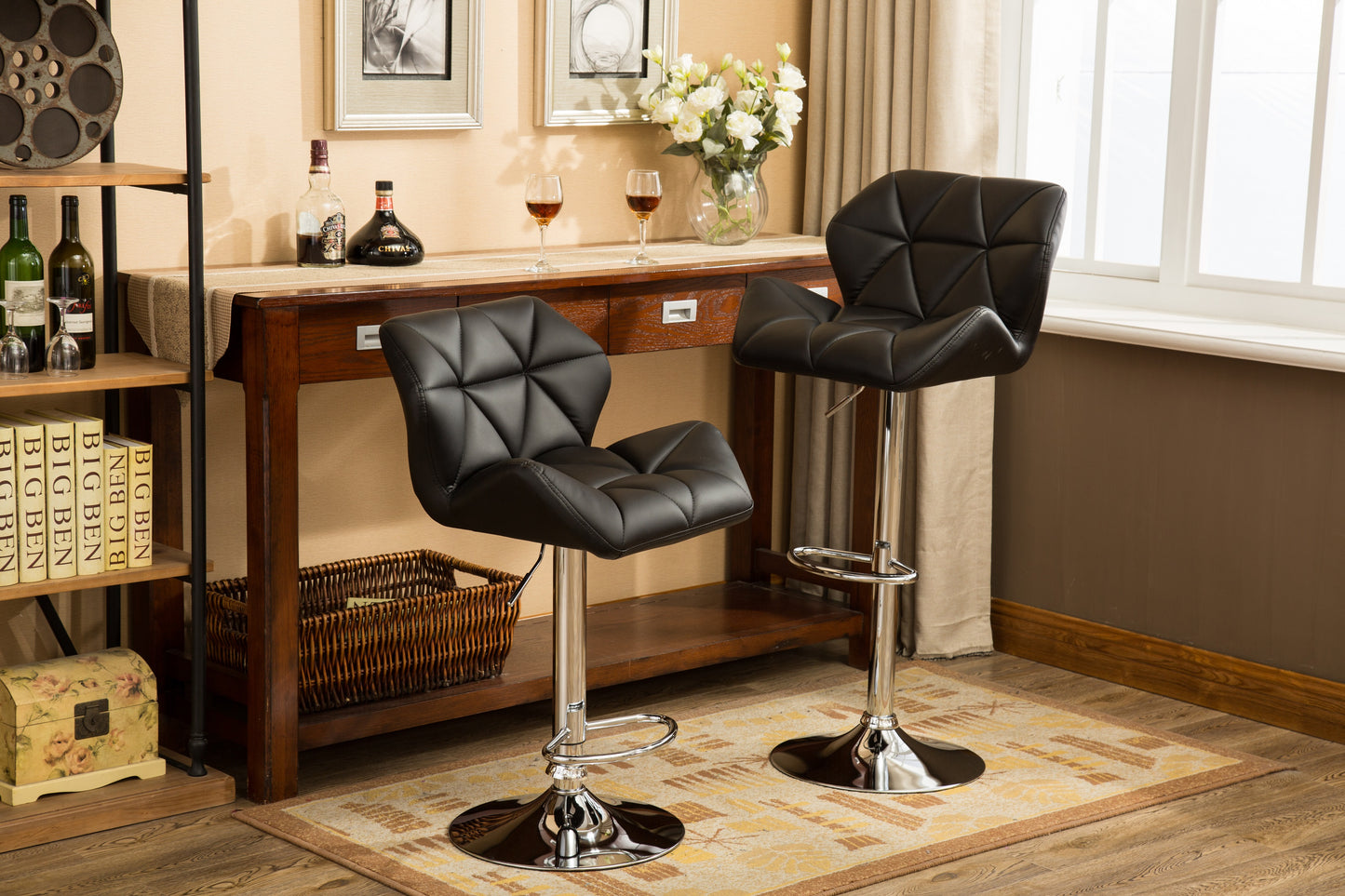 Glasgow Contemporary Tufted Adjustable Height Hidraulic Bar Stools, Set of 2, Black image 1
