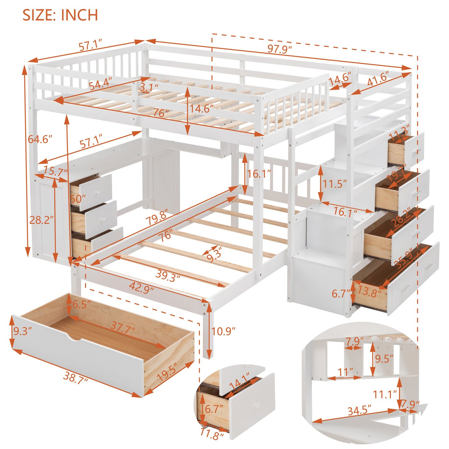Full Over Twin Bunk Bed with Desk, Drawers and Shelves, White(OLD SKU:LT001605AAK-1) image 10