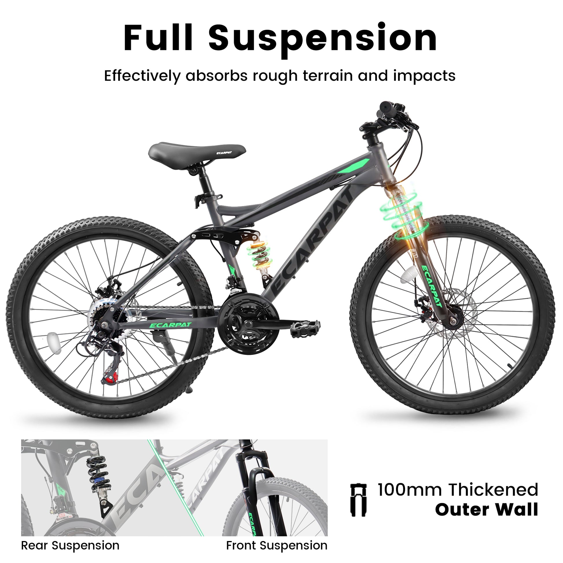 A2660 Mountain Bike 26 Inch Wheels, 21-Speed Full Suspension Mens Womens Trail Commuter City Mountain Bike, Carbon Steel Frame Disc Brakes Thumb Shifter Front Fork Rear Shock Absorber Bicycles image 6