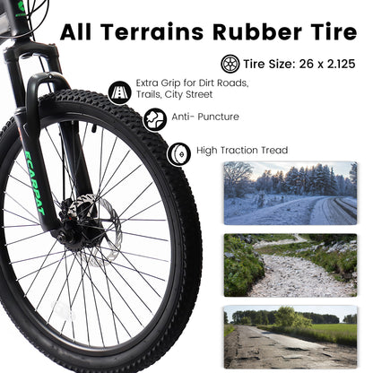 A2660 Mountain Bike 26 Inch Wheels, 21-Speed Full Suspension Mens Womens Trail Commuter City Mountain Bike, Carbon Steel Frame Disc Brakes Thumb Shifter Front Fork Rear Shock Absorber Bicycles image 5
