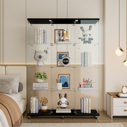 Glass Display Cabinet with 4 Shelves Extra Large, Curio Cabinets for Living Room, Bedroom, Office, Black Floor Standing Glass Bookshelf, Quick Installation image 4