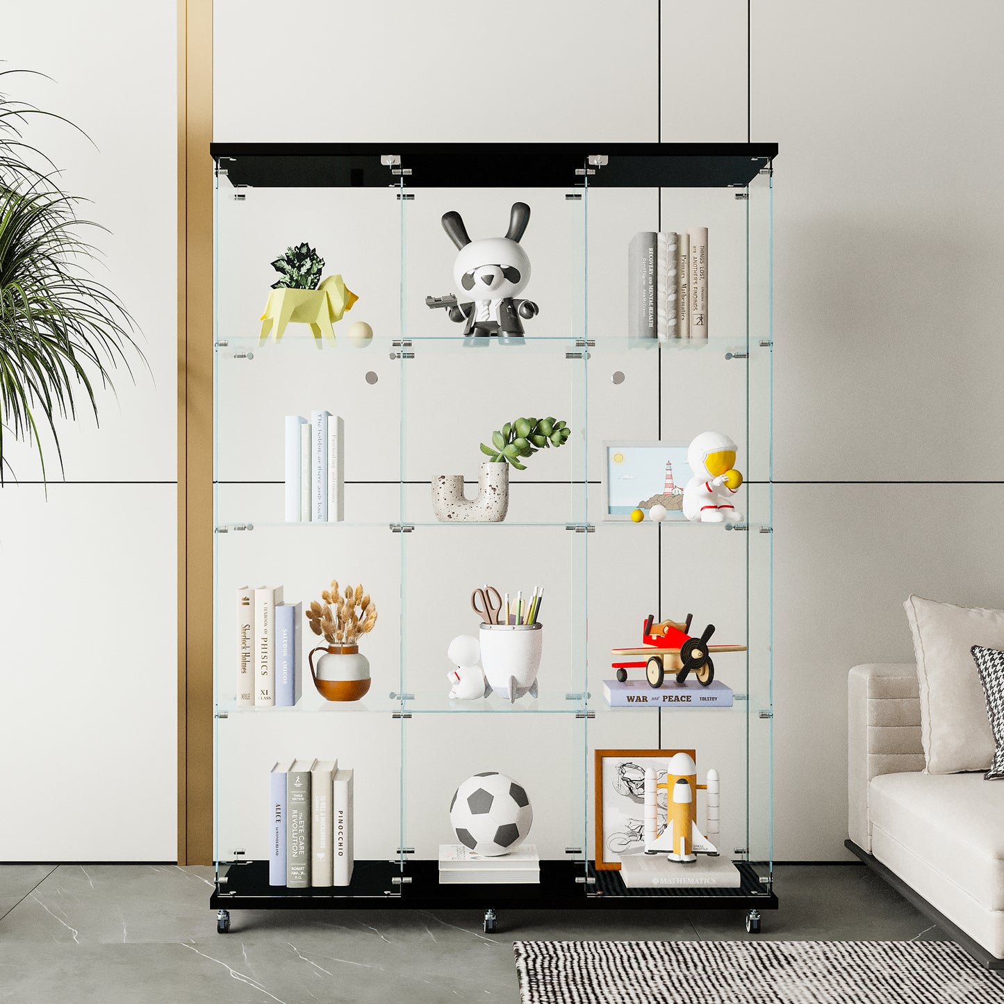 Glass Display Cabinet with 4 Shelves Extra Large, Curio Cabinets for Living Room, Bedroom, Office, Black Floor Standing Glass Bookshelf, Quick Installation image 3