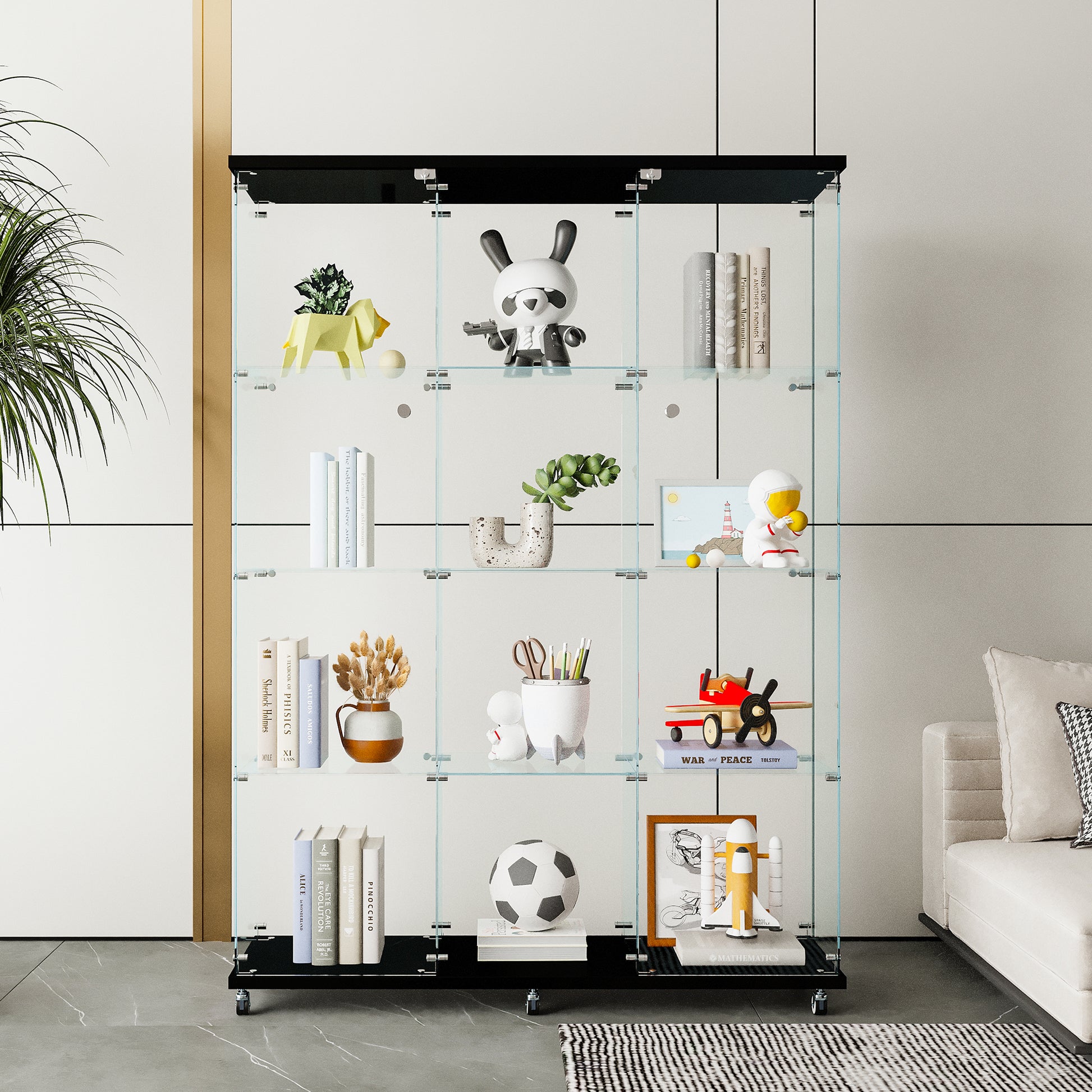 Glass Display Cabinet with 4 Shelves Extra Large, Curio Cabinets for Living Room, Bedroom, Office, Black Floor Standing Glass Bookshelf, Quick Installation image 3