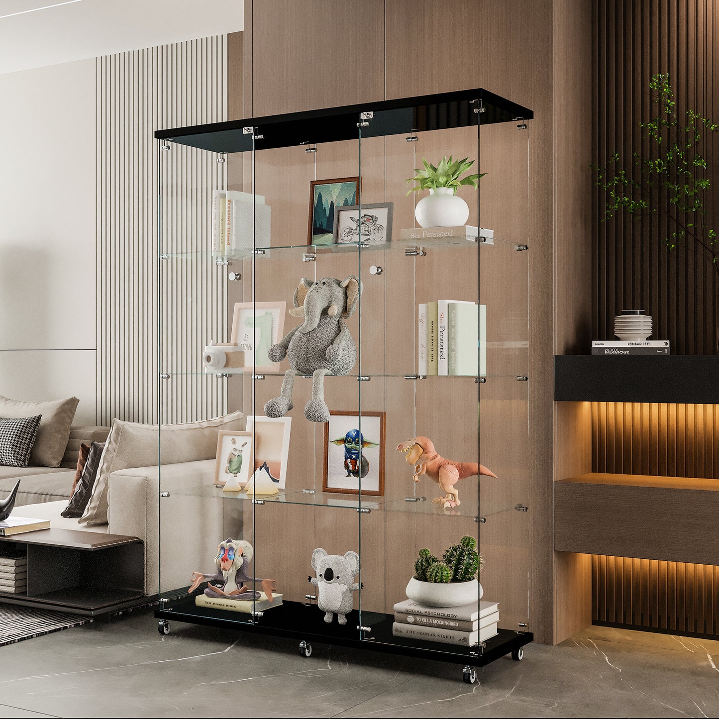 Glass Display Cabinet with 4 Shelves Extra Large, Curio Cabinets for Living Room, Bedroom, Office, Black Floor Standing Glass Bookshelf, Quick Installation image 2
