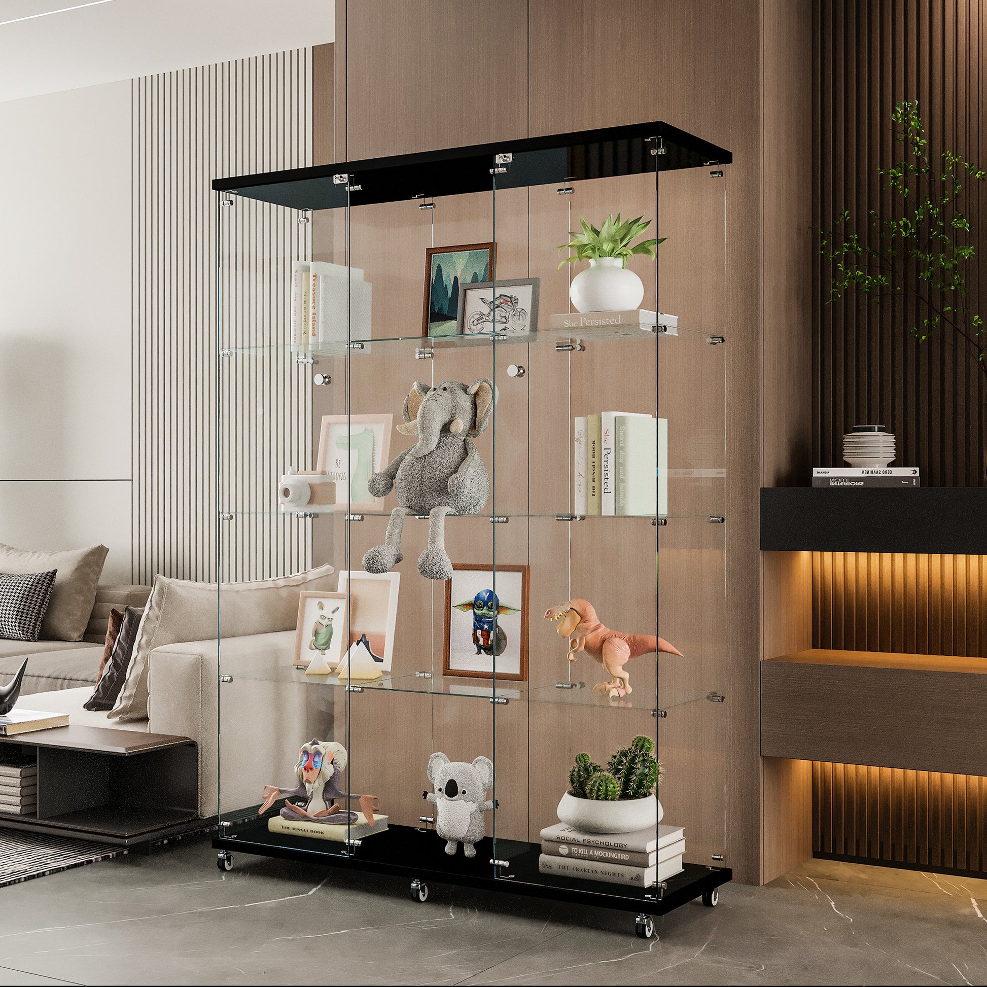 Glass Display Cabinet with 4 Shelves Extra Large, Curio Cabinets for Living Room, Bedroom, Office, Black Floor Standing Glass Bookshelf, Quick Installation image 2