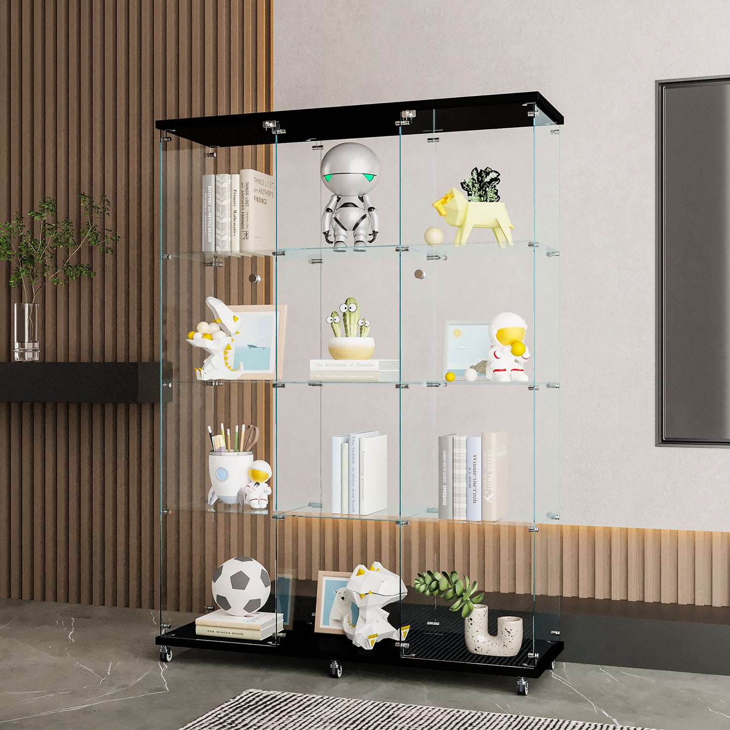 Glass Display Cabinet with 4 Shelves Extra Large, Curio Cabinets for Living Room, Bedroom, Office, Black Floor Standing Glass Bookshelf, Quick Installation image 1