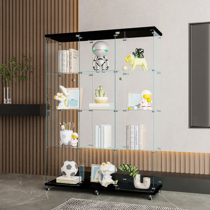 Glass Display Cabinet with 4 Shelves Extra Large, Curio Cabinets for Living Room, Bedroom, Office, Black Floor Standing Glass Bookshelf, Quick Installation image 1
