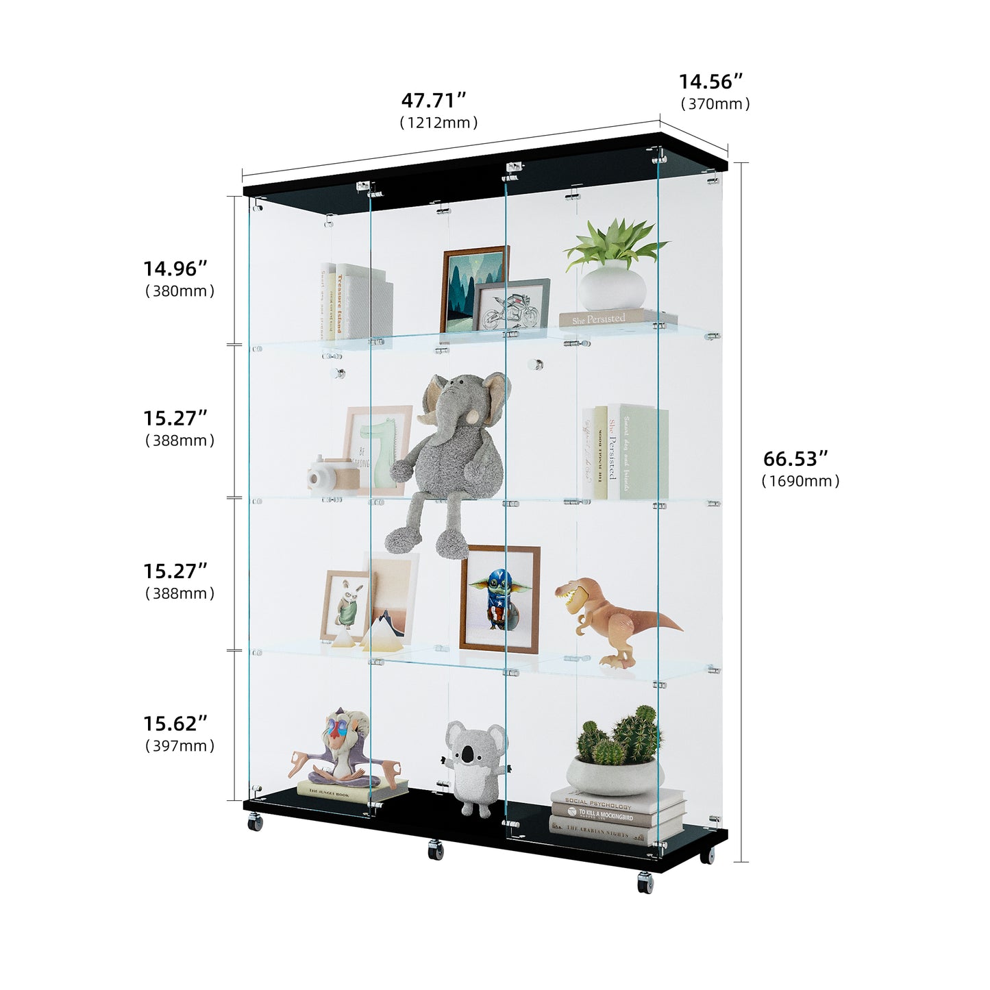 Glass Display Cabinet with 4 Shelves Extra Large, Curio Cabinets for Living Room, Bedroom, Office, Black Floor Standing Glass Bookshelf, Quick Installation image 5