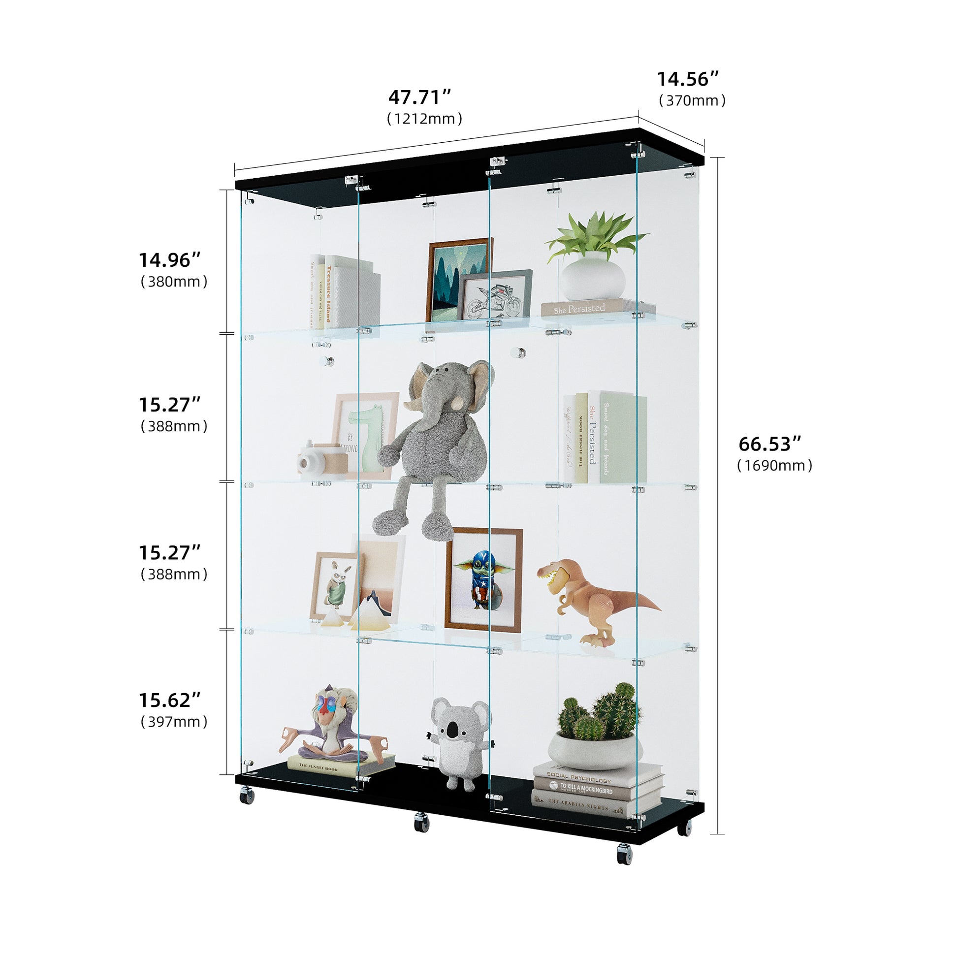 Glass Display Cabinet with 4 Shelves Extra Large, Curio Cabinets for Living Room, Bedroom, Office, Black Floor Standing Glass Bookshelf, Quick Installation image 5