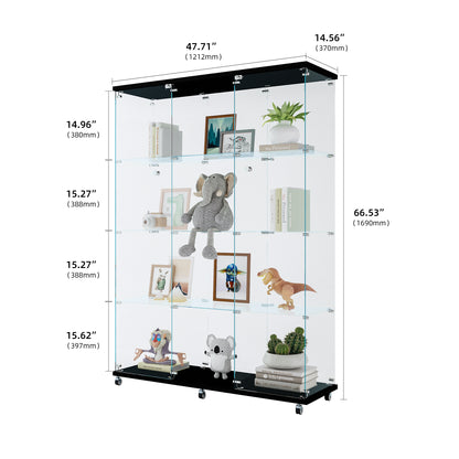 Glass Display Cabinet with 4 Shelves Extra Large, Curio Cabinets for Living Room, Bedroom, Office, Black Floor Standing Glass Bookshelf, Quick Installation image 5