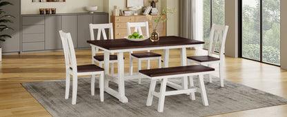 TOPMAX 6-Piece Wood Dining Table Set Kitchen Table Set with Long Bench and 4 Dining Chairs, Farmhouse Style, Espresso+White(old sku:SP000256) image 2