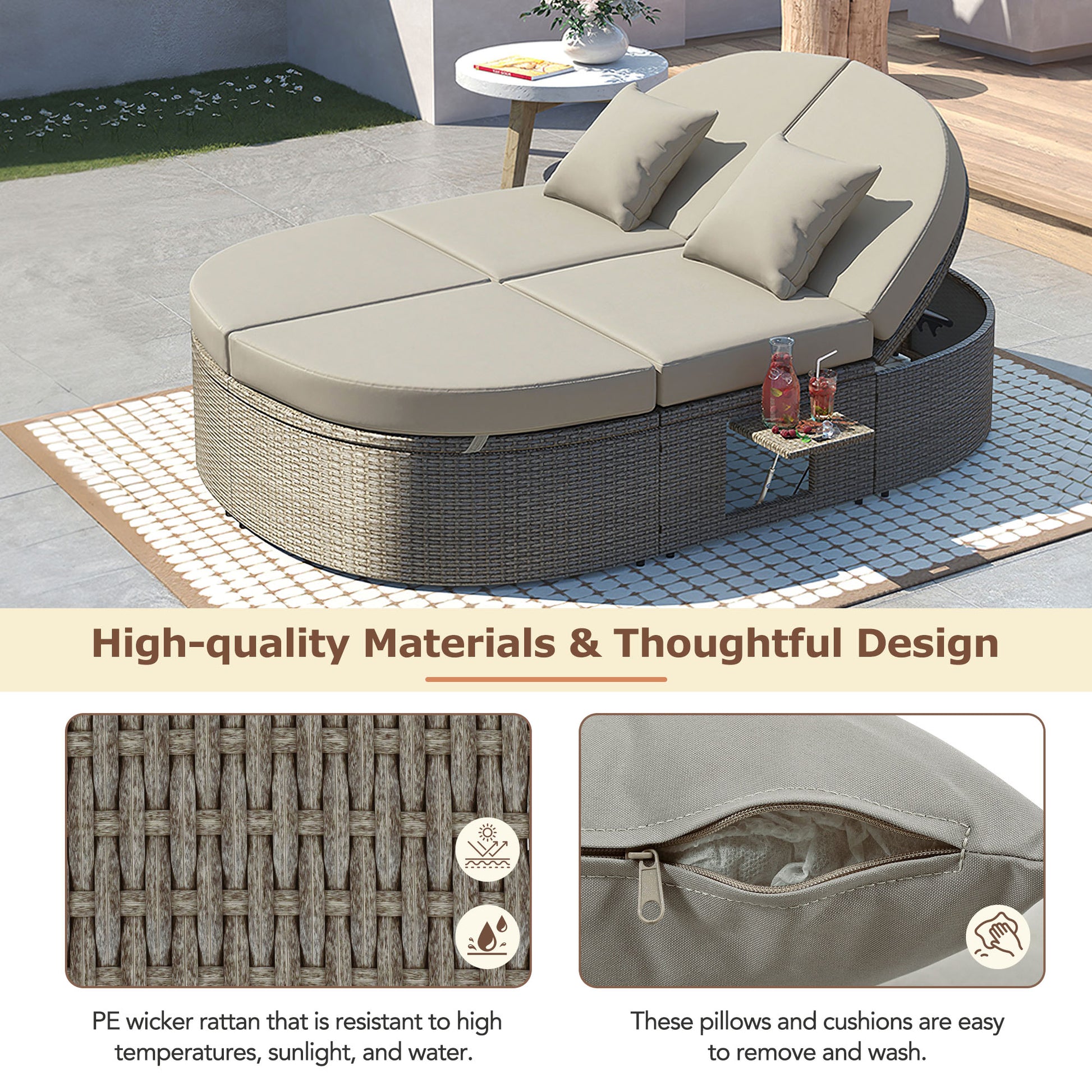 TOPMAX Outdoor Sun Bed Patio 2-Person Daybed with Cushions and Pillows, Rattan Garden Reclining Chaise Lounge with Adjustable Backrests and Foldable Cup Trays for Lawn,Poolside, Gray image 8